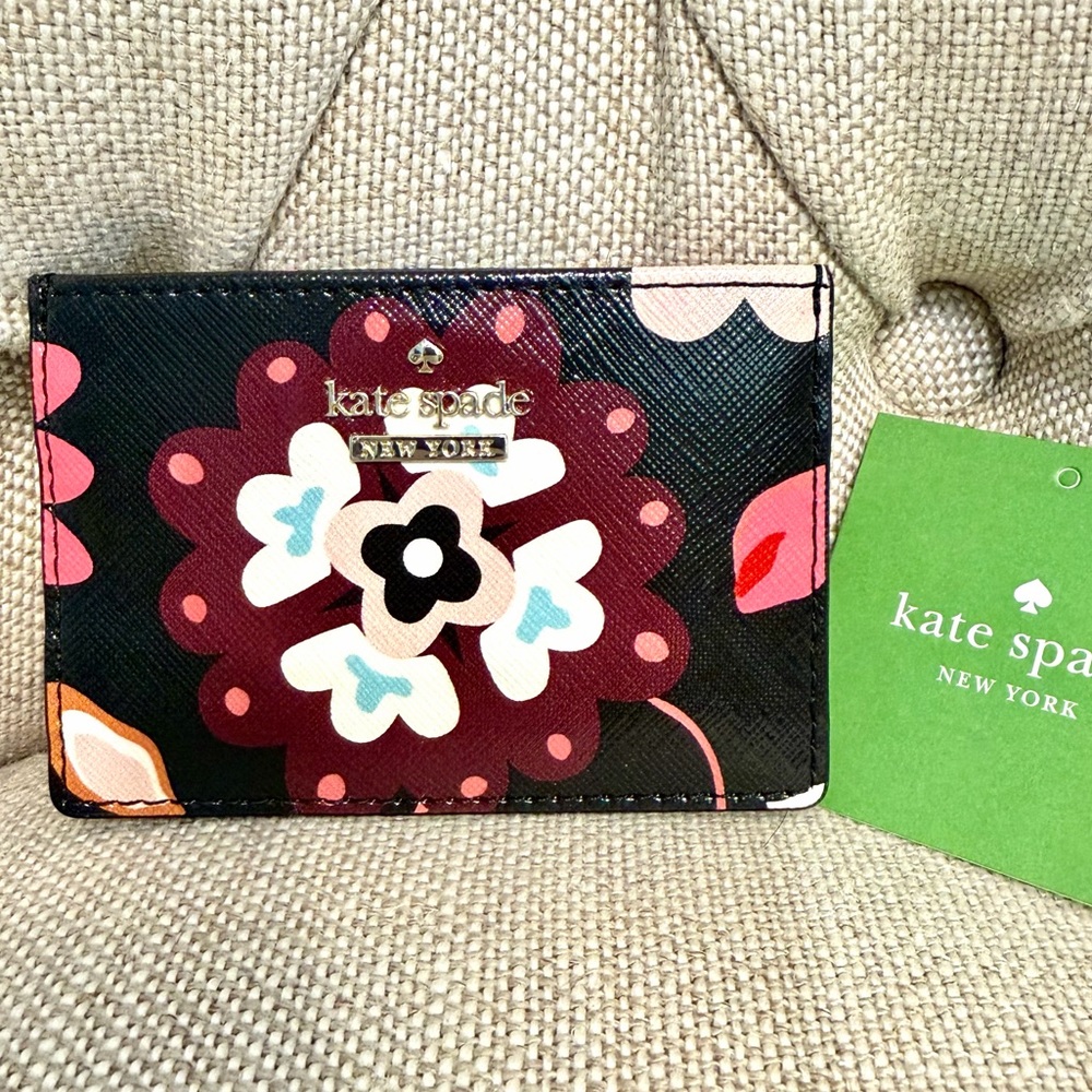 NEW Kate Spade Cameron Street Small Slim Card Case Floral Flower Black PWRU5756